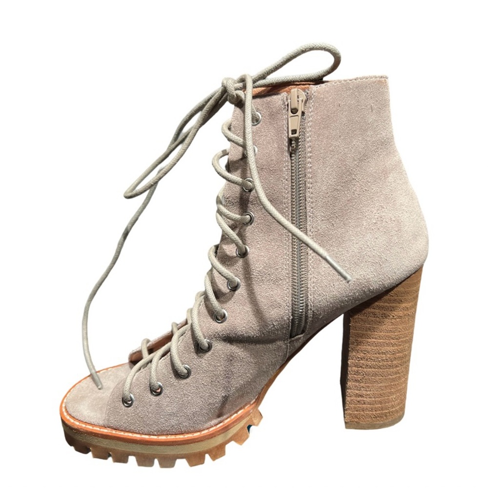 Jeffrey Campbell Free People NWOT Taupe Suede Open Front Lace up 4.5” Heel Shoes - Picture 7 of 11